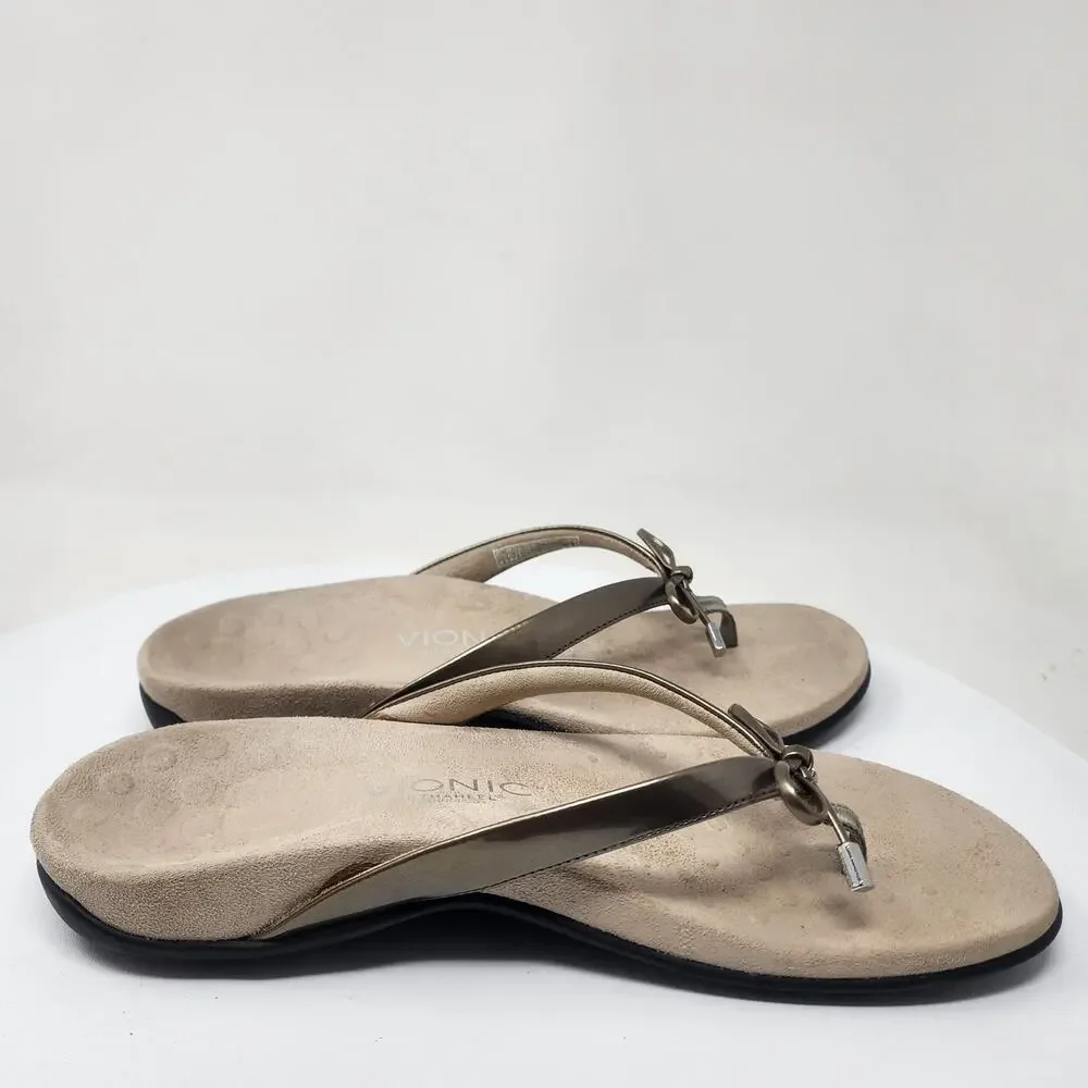 Vionic Bella II Flipflop Sandal Women 9 Champagne Gold Metallic Bow Comfort Shoe